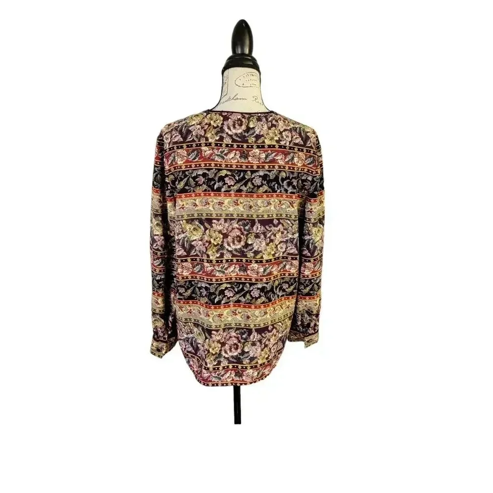 Talbots Vintage Floral Multicolor Long Sleeve Round Neck Button Up Top Blouse 12